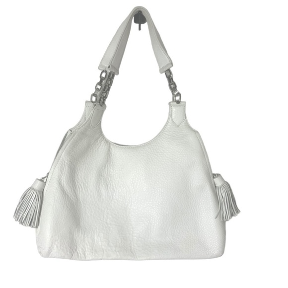 White Genuine Leather Brooks Brothers Tassel Zipper Gusset Handbag - Picture 2 of 16